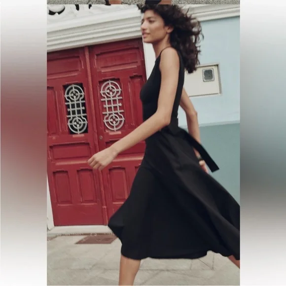 Zara NWT Chic Black Midi Dress with Belt Detail - Picture 5 of 13